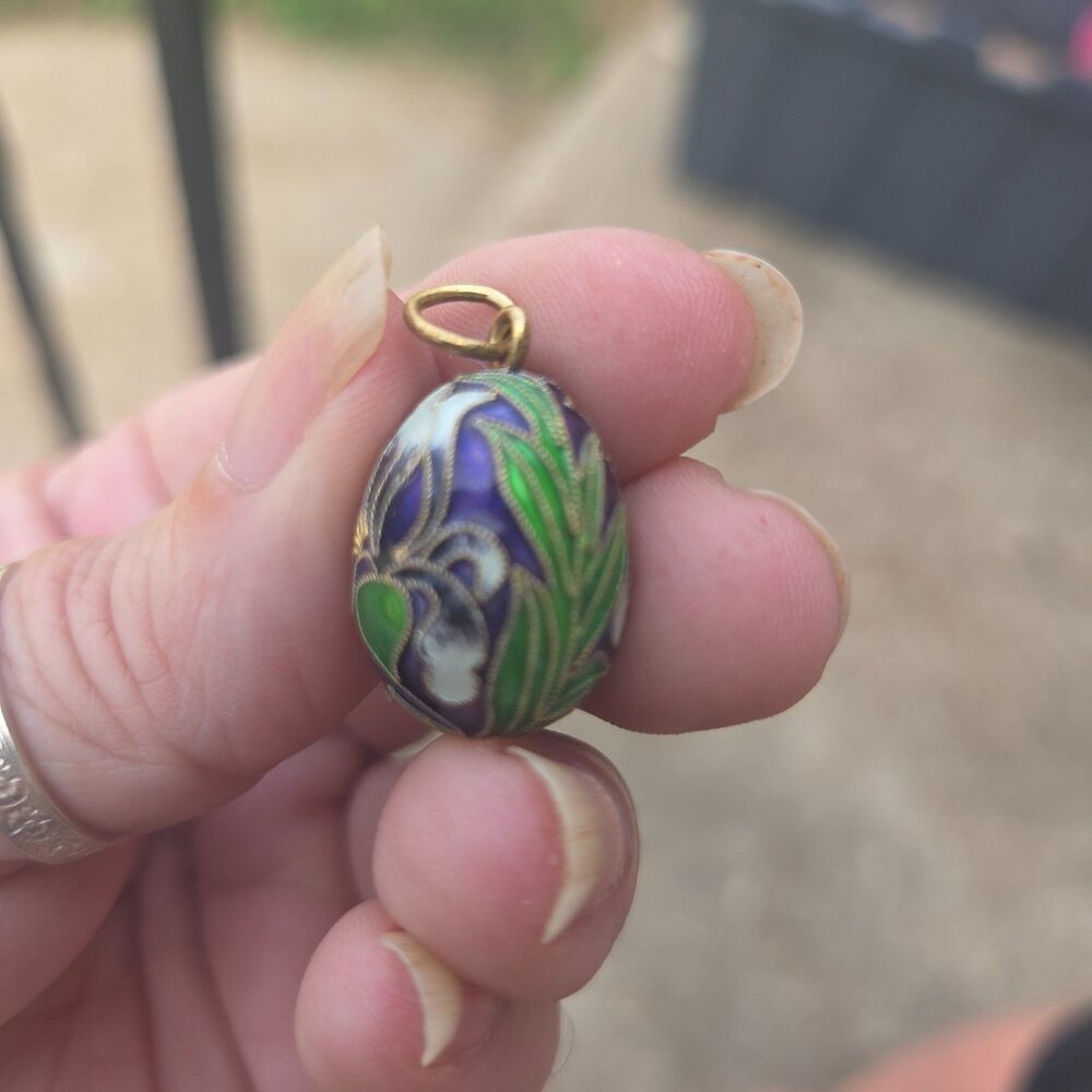 Faberge Style Sterling Silver Cloisonne Enamel Egg Pendant Navy Green 1"